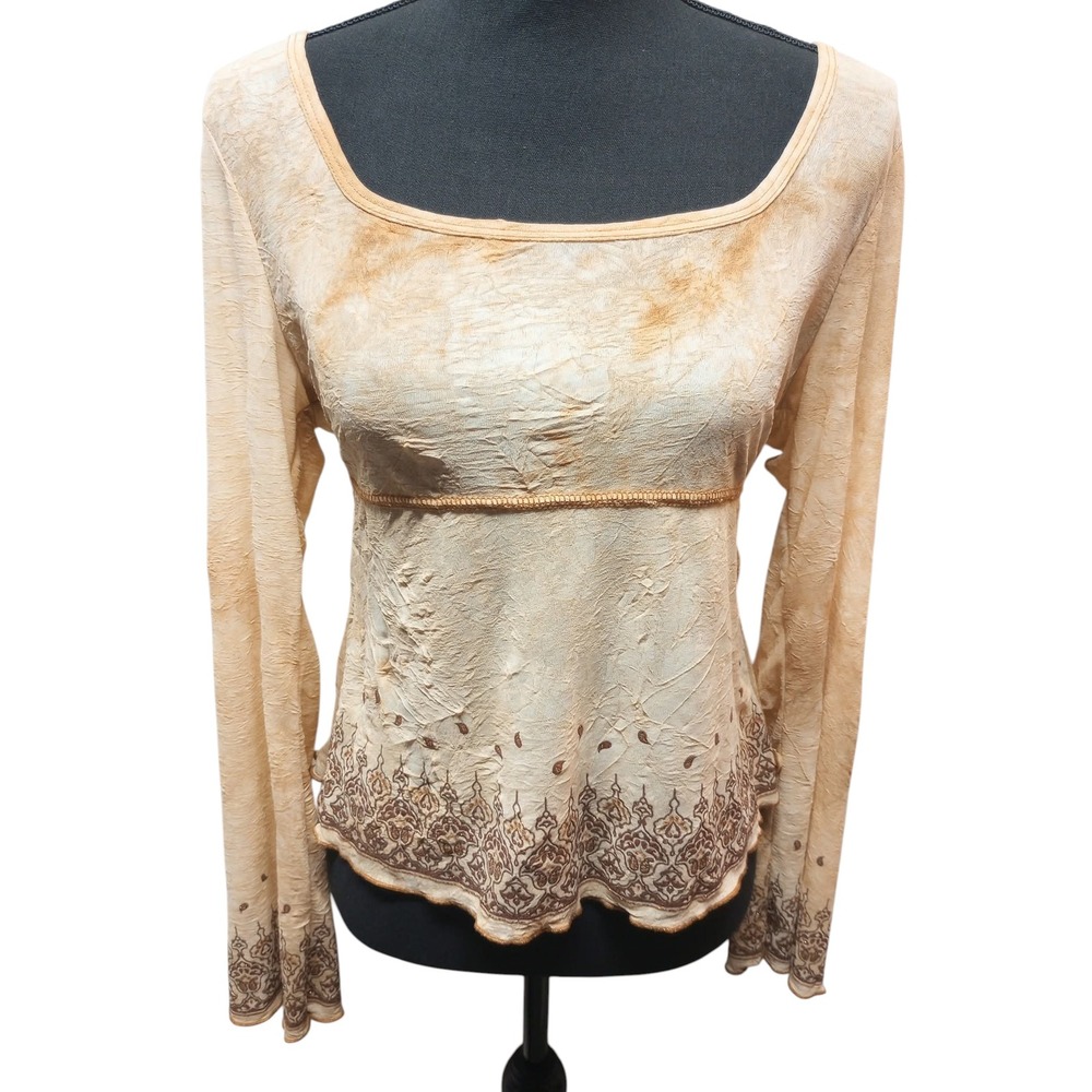 Vintage F.A.N.G Tan Tie Dye Crinkle Empire Waist Top XL Y2K Fairycore Boho